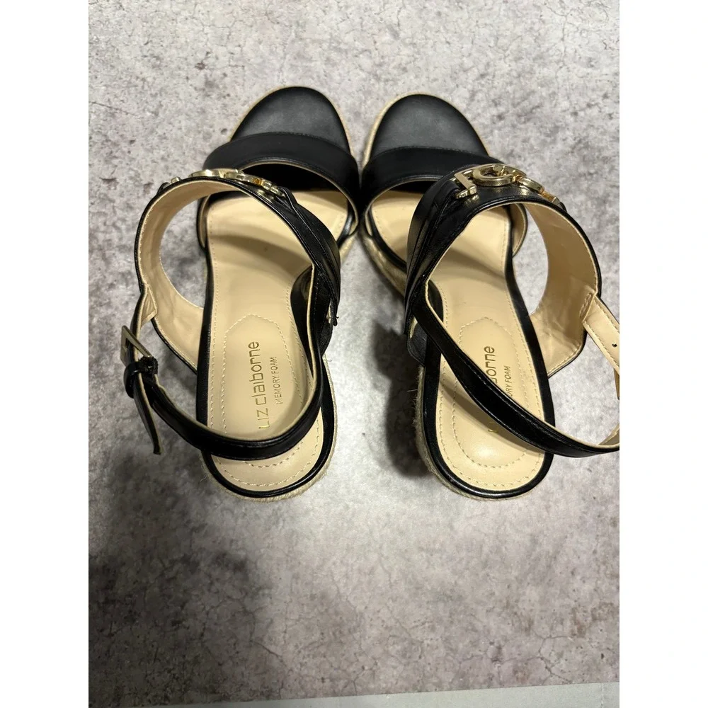 Liz Claiborne LC Amaro Black Espadrille Wedge Sandals Gold Link Accent Womens 7M